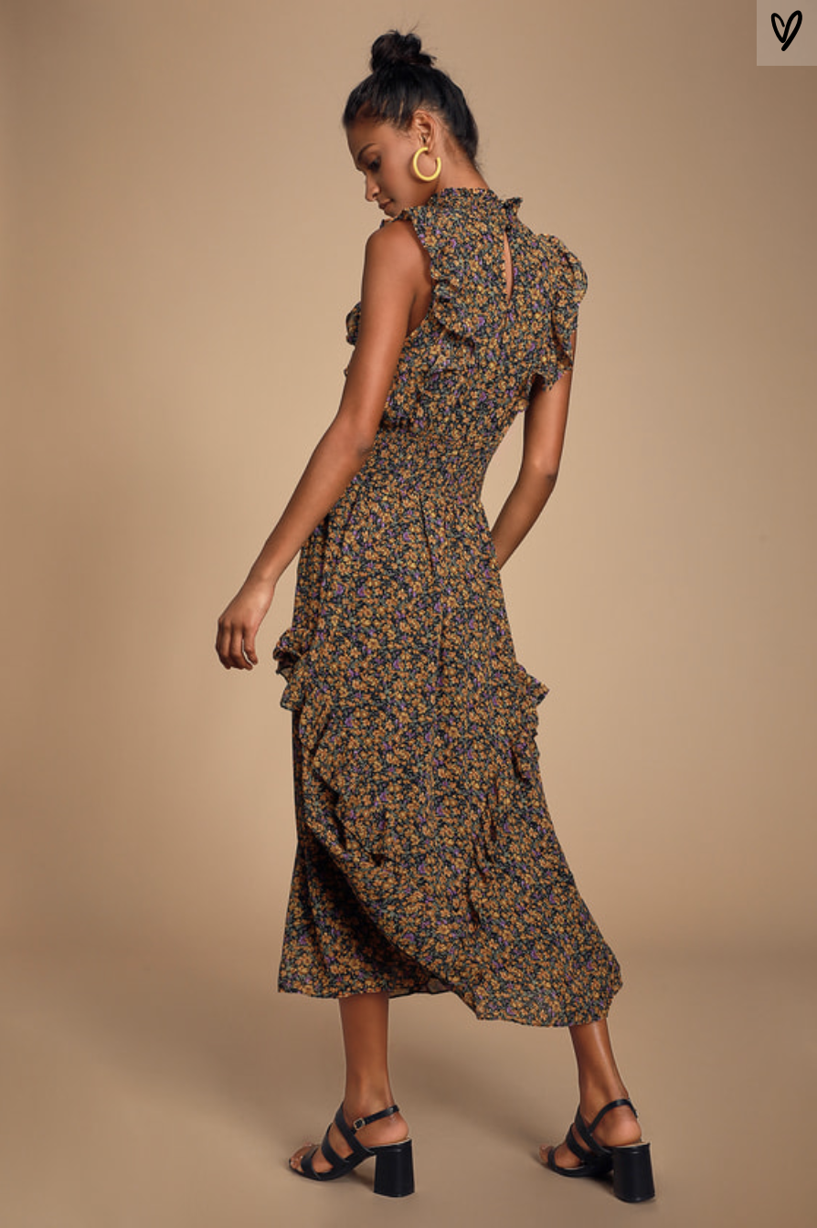 evalina navy blue floral print mock neck midi dress Rihoas Elegant Cap-Sleeve Floral A-Line Midi Dress with Sweetheart-Neck, Navy / M