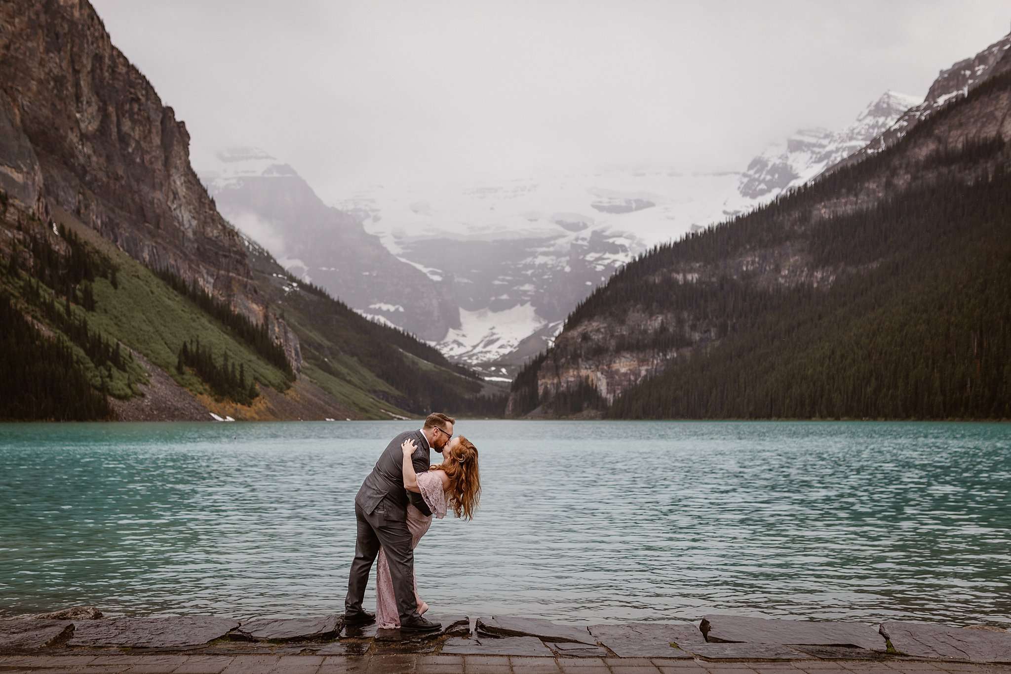 Foggy Romantic Lake Louise Elopement