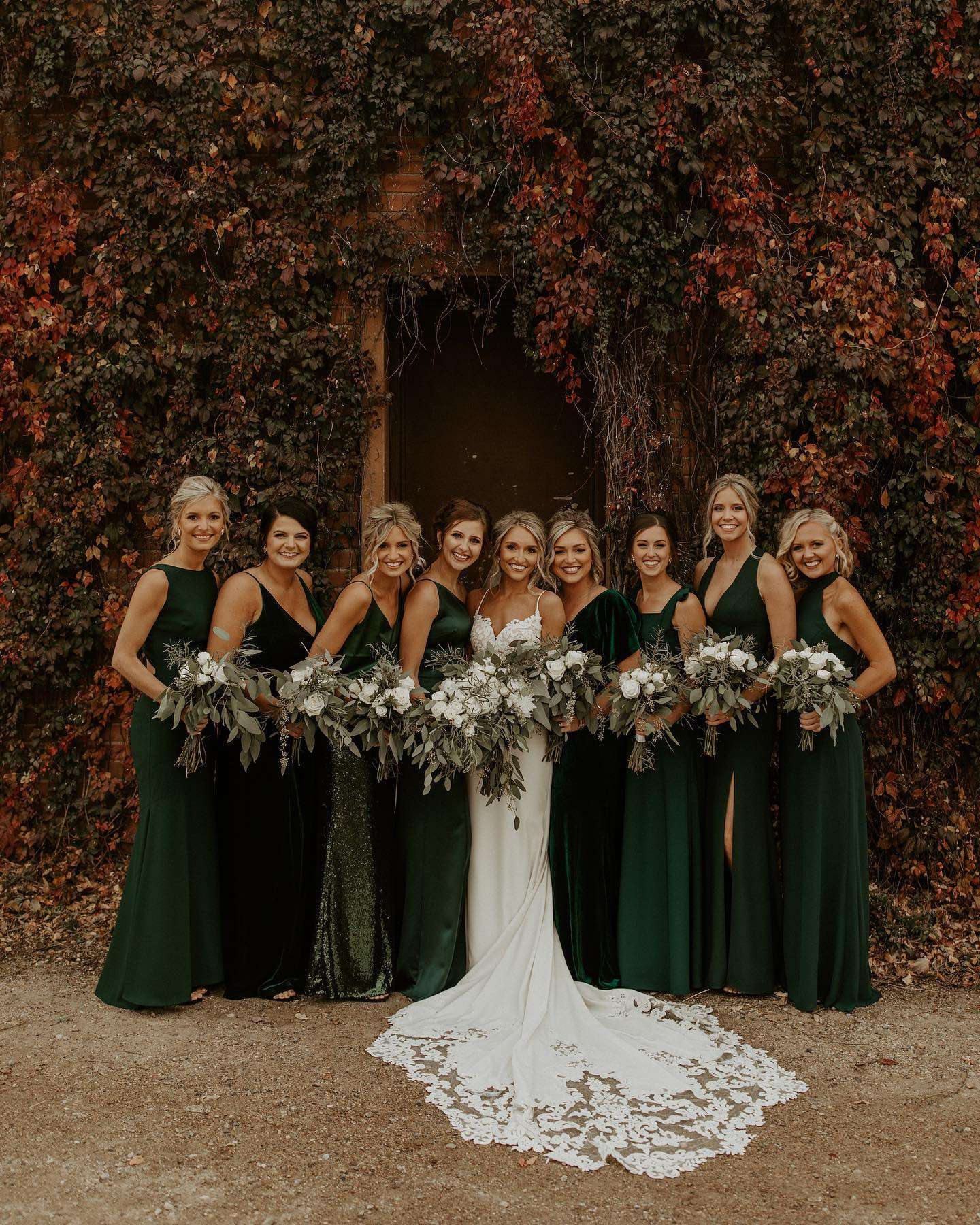 green bridesmaid dresses mismatched Wedding Party Recreating Trending Mismatched Bridesmaids Looks Wedding Style coordinated wedding party look. Vince long-sleeve pleated shirtdress season_SS25 US Size:M - US 6
