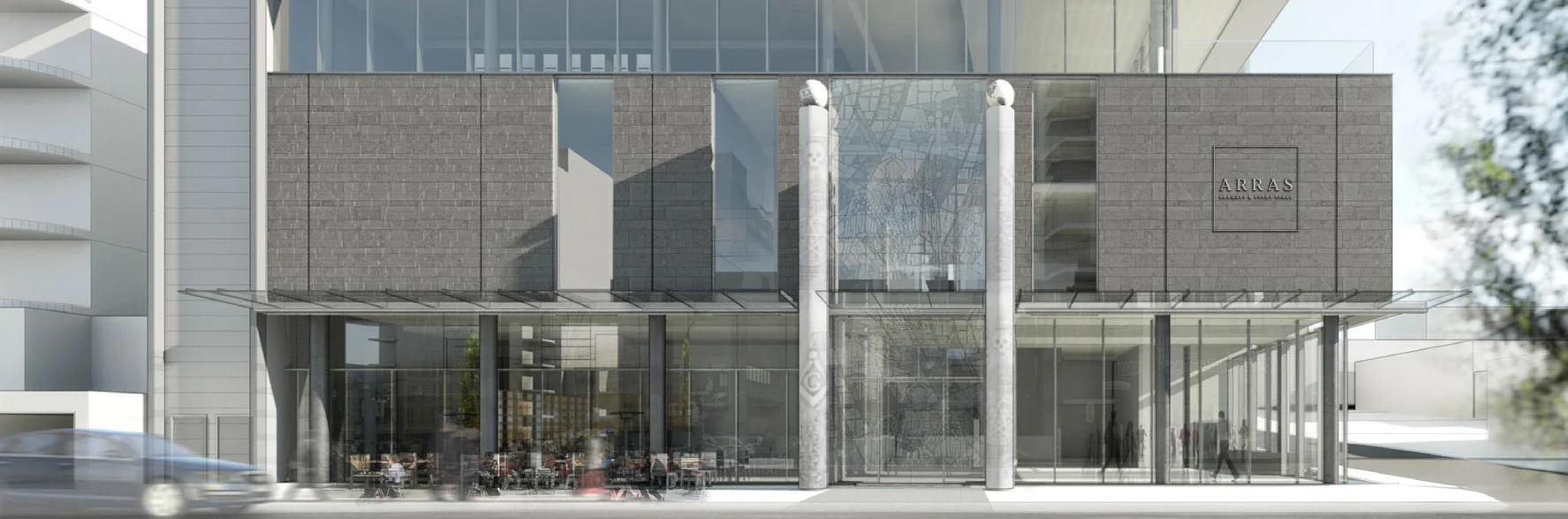 Modern exterior of ARRAS Banquet and Event Space in Vancouver with glass windows and stone detailing.