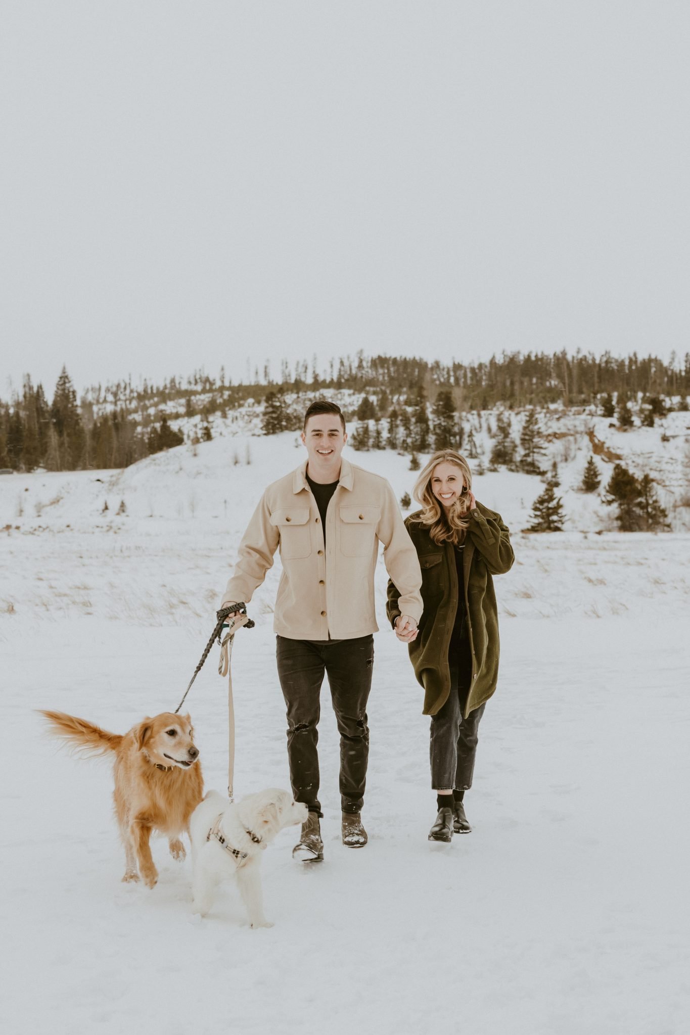 colorado winter engagements with their two dogs