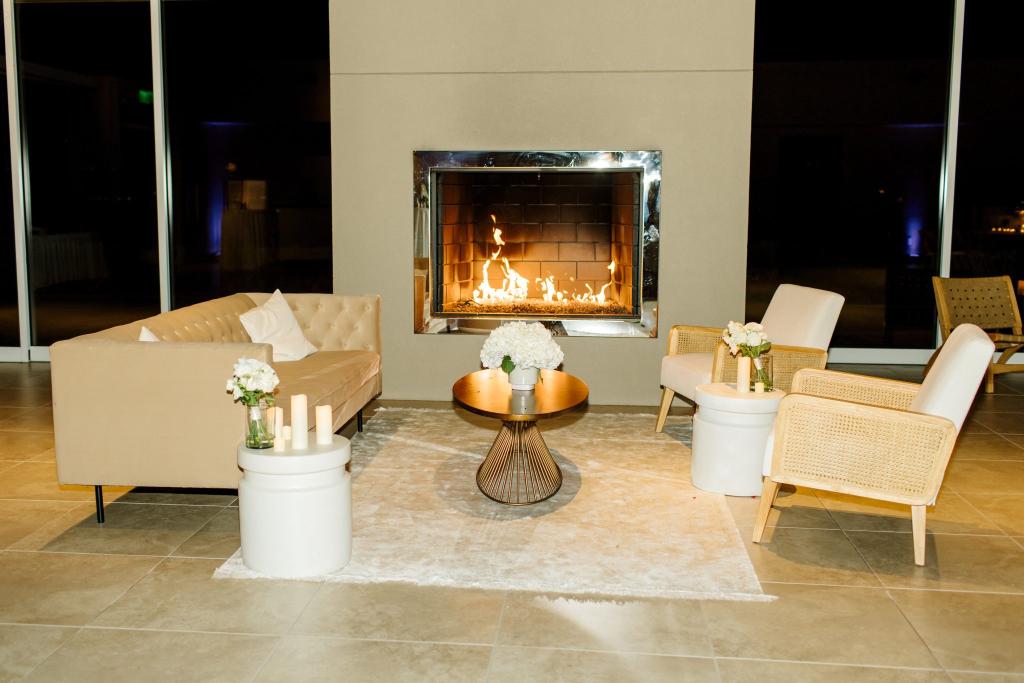 idaho summer wedding reception furniture set near the fireplace