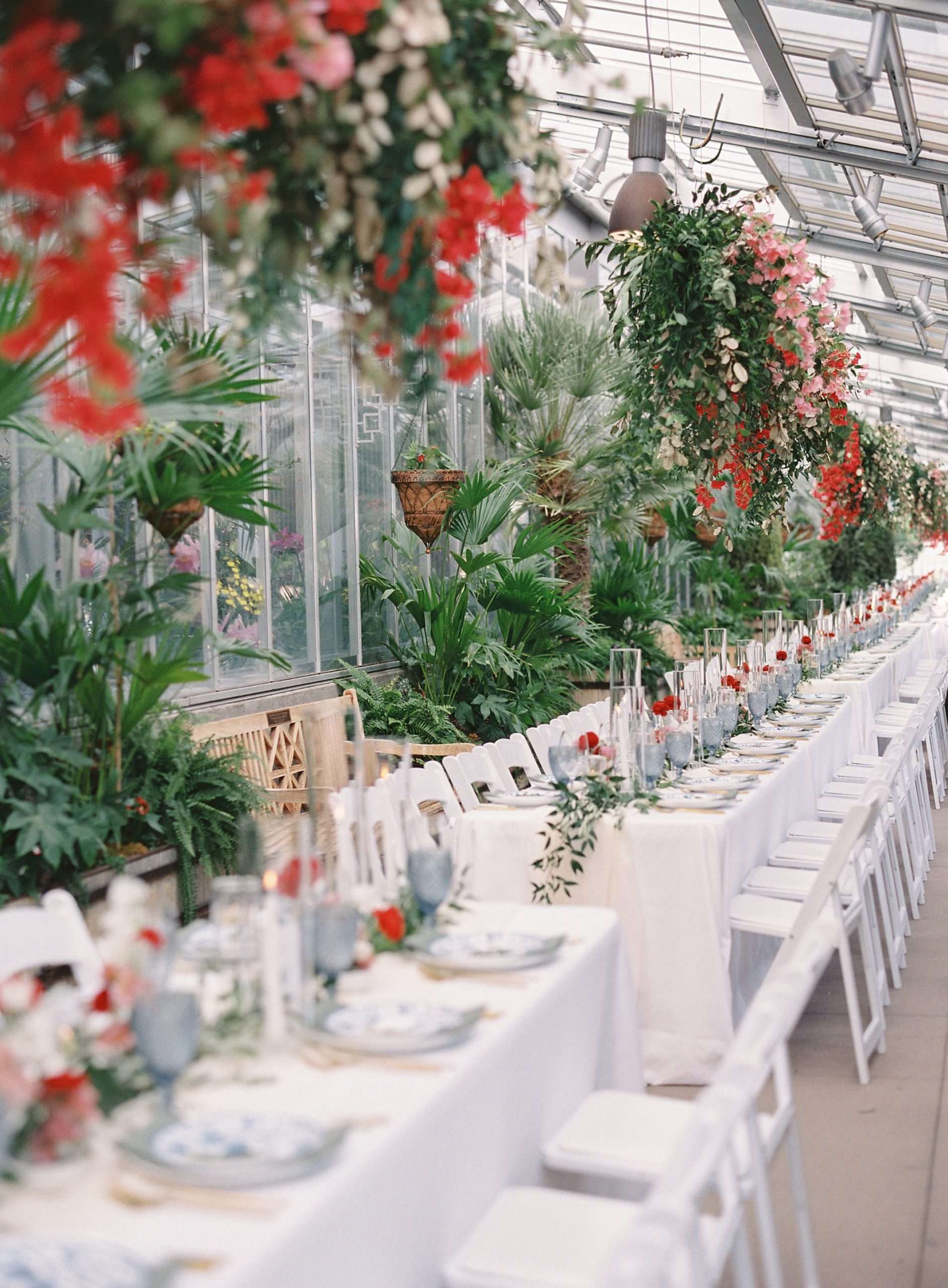 denver garden wedding reception area with hanging colored florals