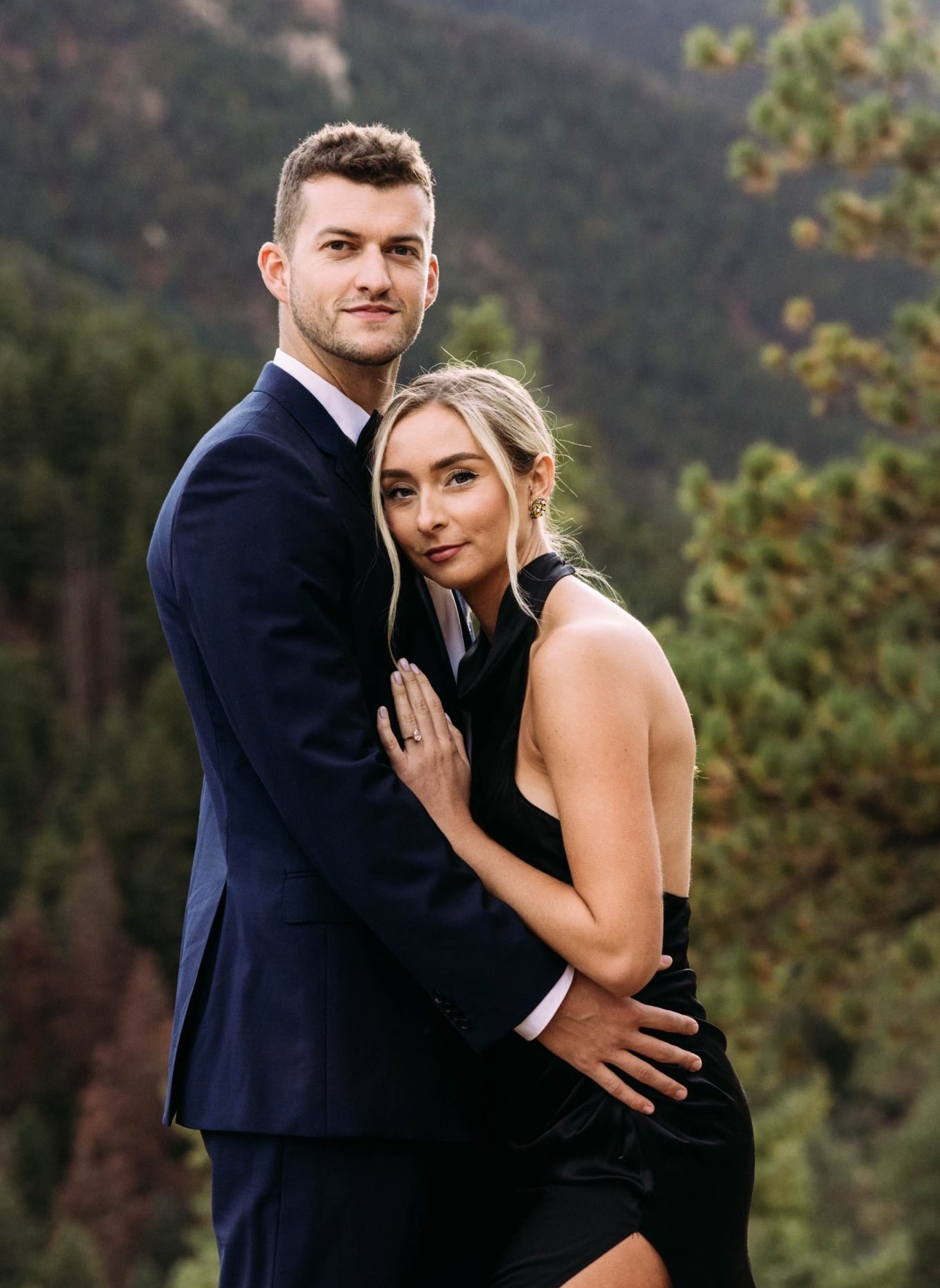 long formal dress and a tux for garden of the gods spring engagement session