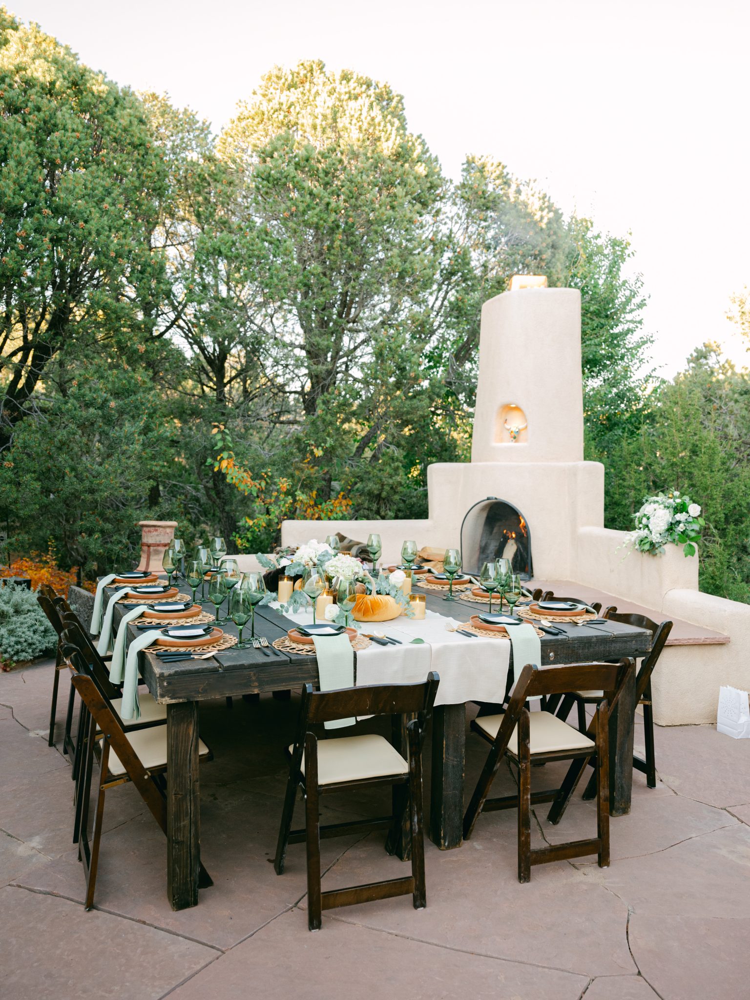 Beautifully set outdoor table for a Santa Fe elopement reception.
