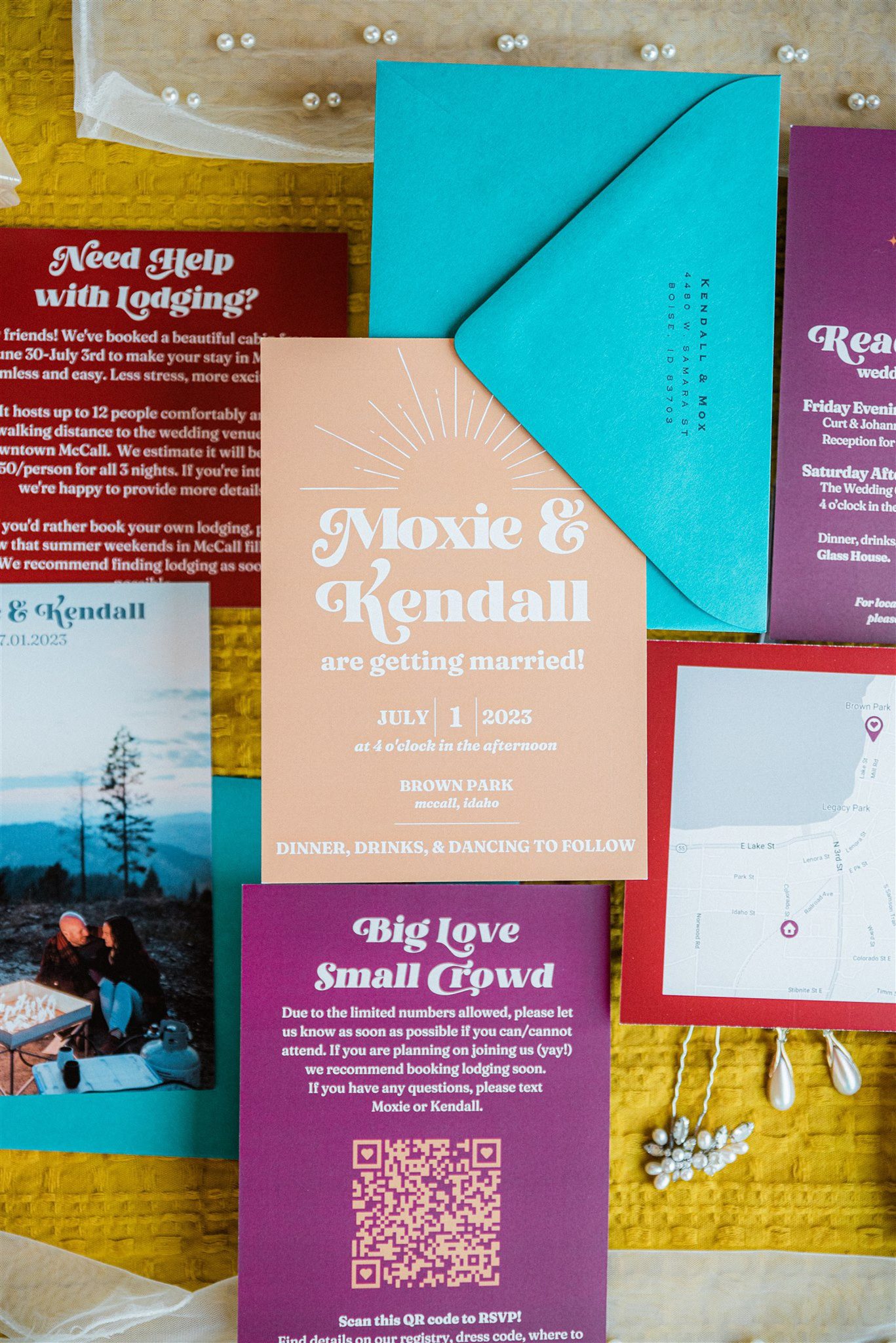 Vibrant wedding invitation suite featuring bold colors for a colorful modern Idaho wedding in McCall.
