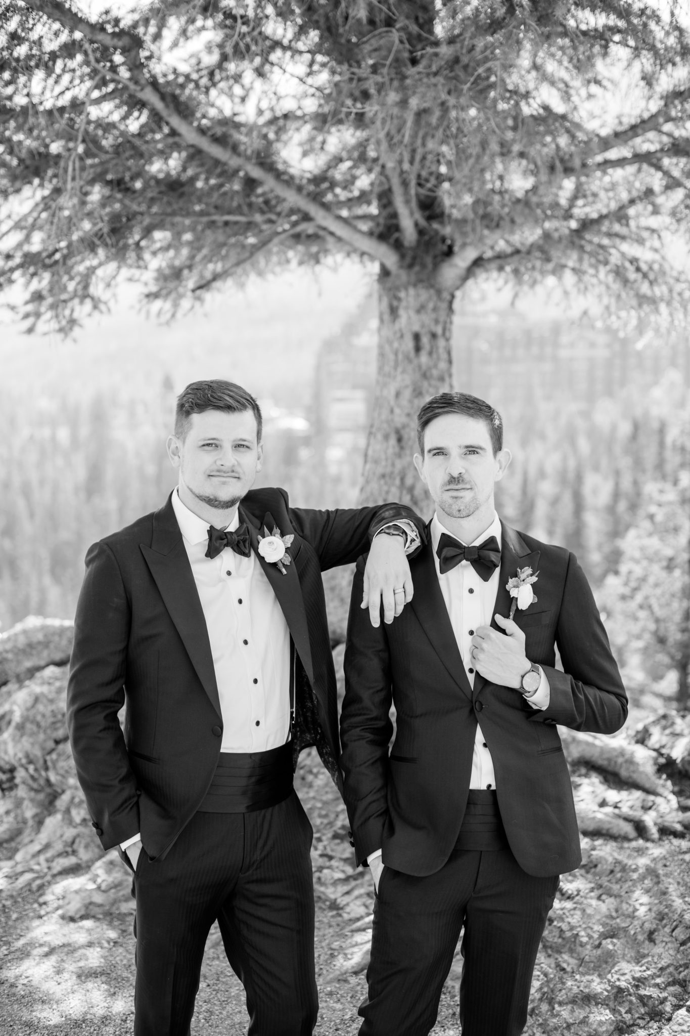 Black and white photo of two grooms posing under a tree at their Fairmont Banff Springs Wedding.