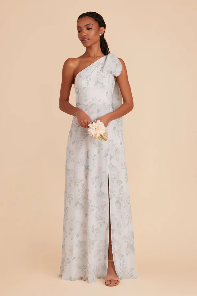 birdy grey melissa dress The Melissa chiffon bridesmaid dress in pressed floral blends airy movement with romantic florals Pink Falling Petals Bridesmaid Dress