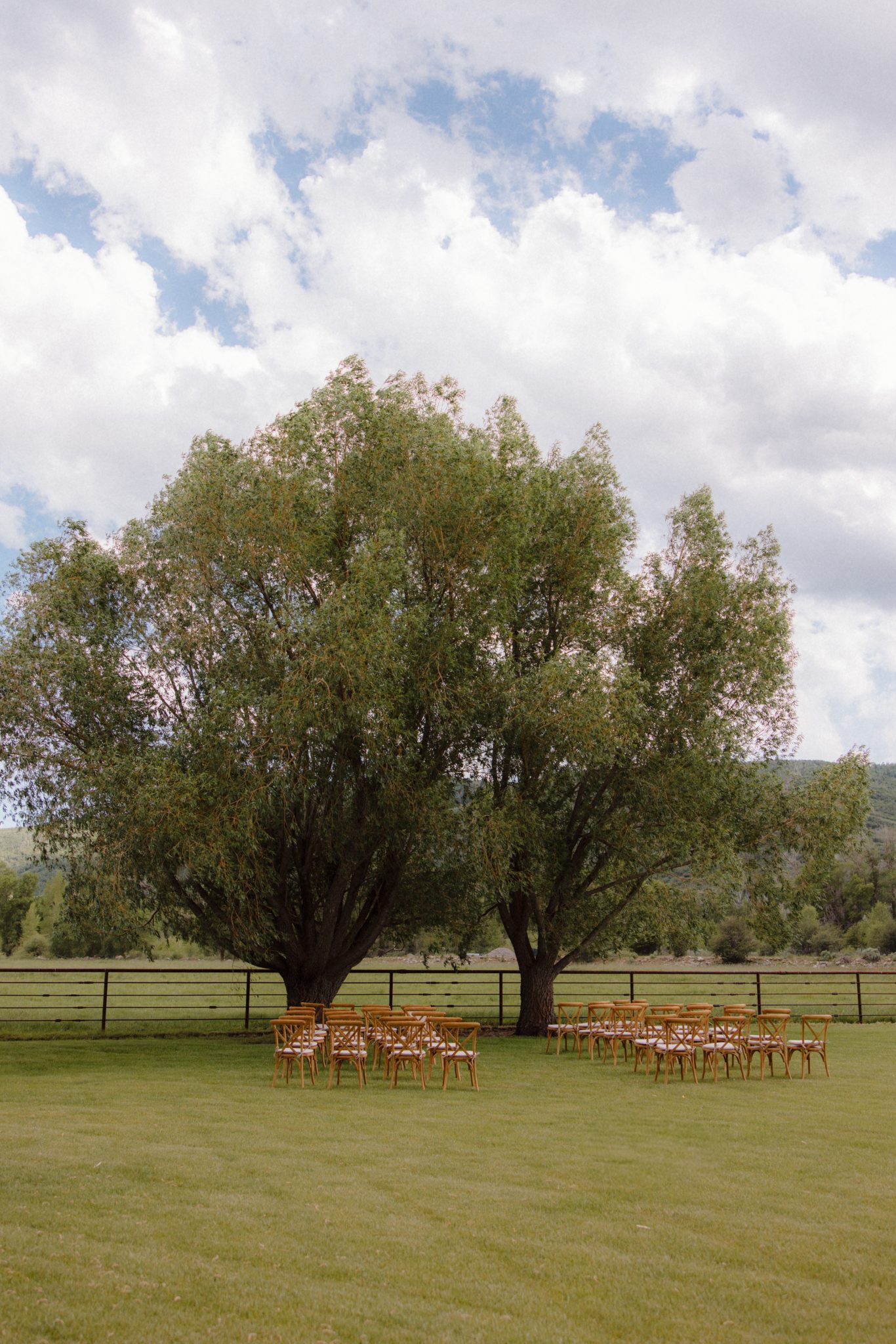 An intimate outdoor ceremony setup under sprawling trees at a Utah private residence wedding.