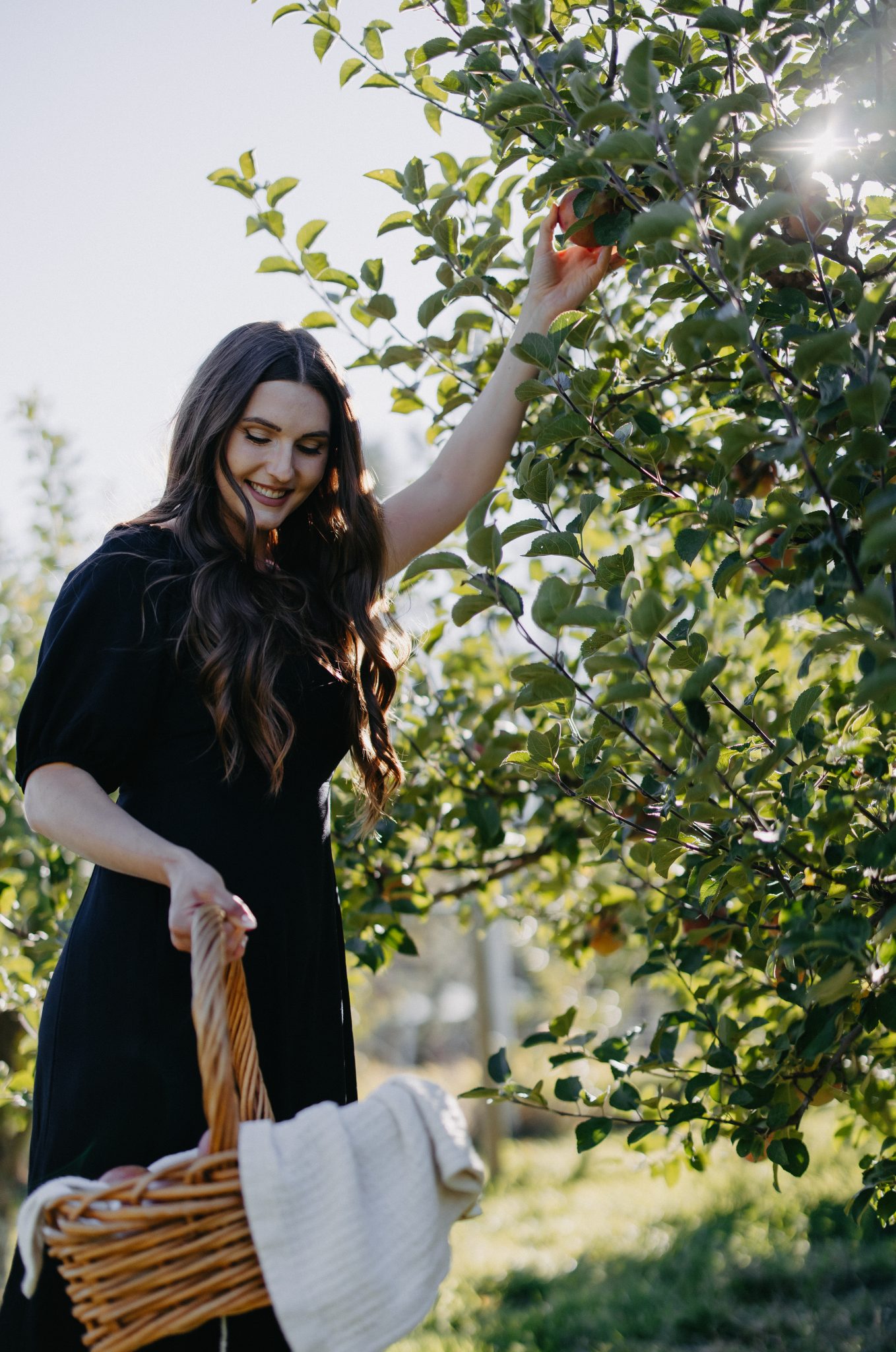 A woman smiling while picking apples from a tree, holding a wicker basket, during a scenic session of Montana engagement photos.