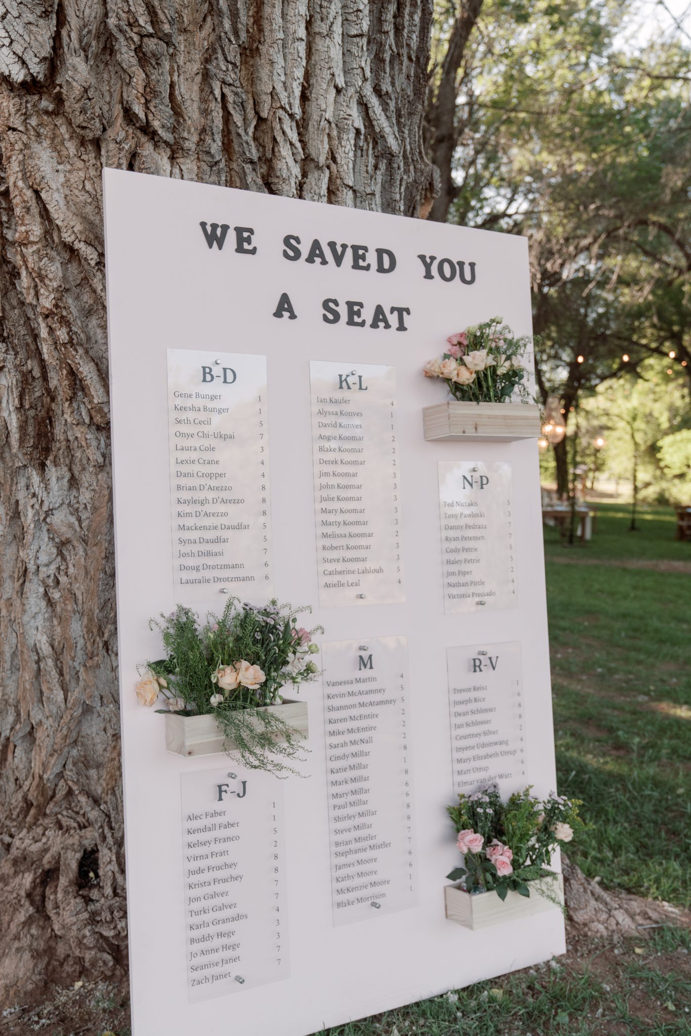 Rustic seating chart with floral details displayed against a tree for a Private Property Saje Photography Arizona Wedding.