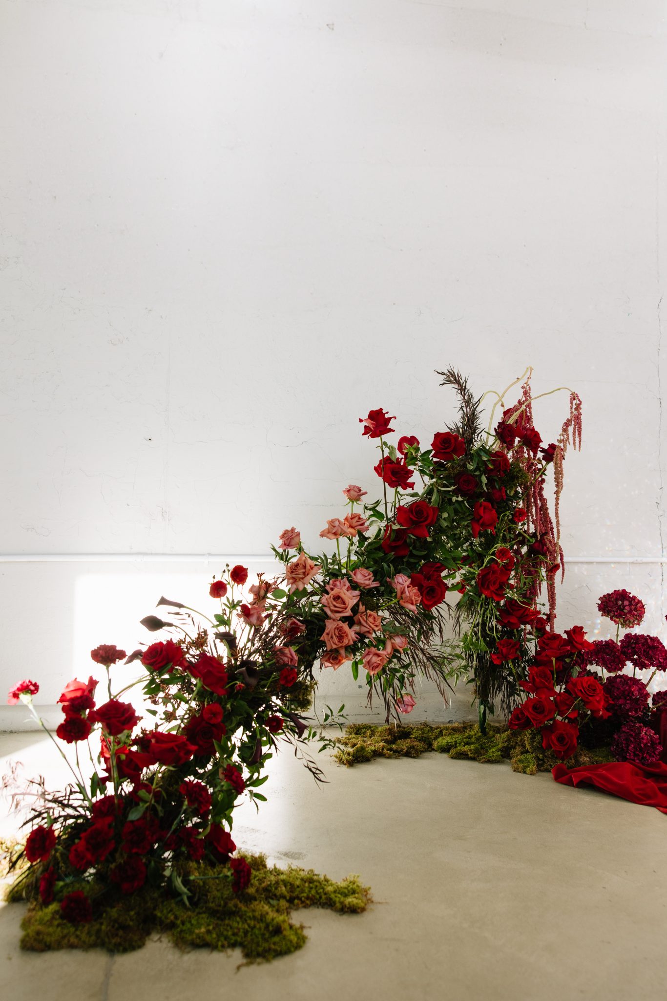 Floral installation with red and blush roses on moss base for moody red wedding inspiration rocky mountain bride ceremony backdrop.