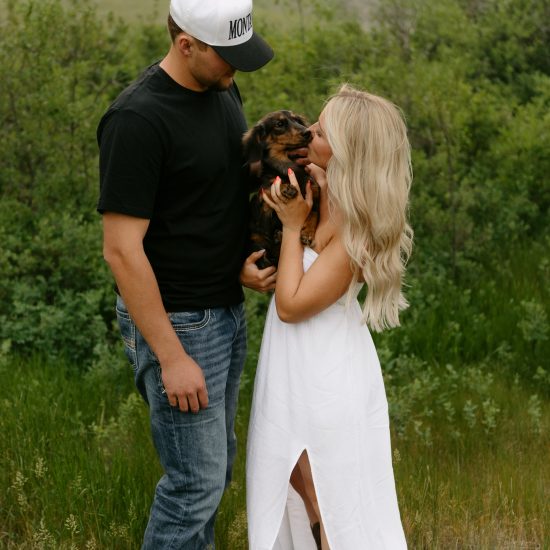 Montana Engagements with Sunlit Fields and a Playful Pup