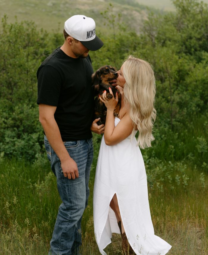 Montana Engagements with Sunlit Fields and a Playful Pup