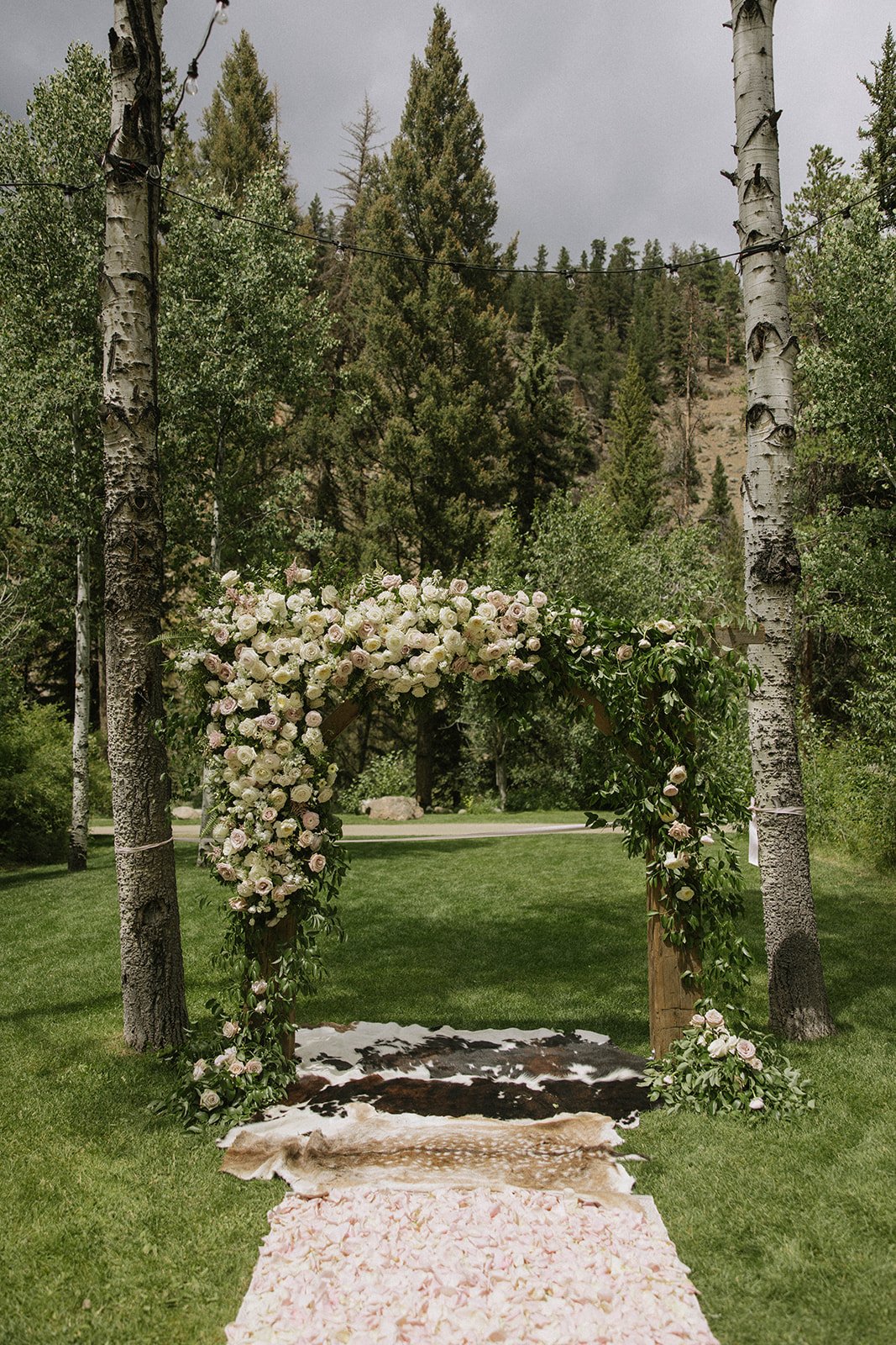 Lush floral arch of blush and ivory roses set among aspen trees for a Taylor River Lodge wedding with Jillian Brown Photo rocky mountain bride.