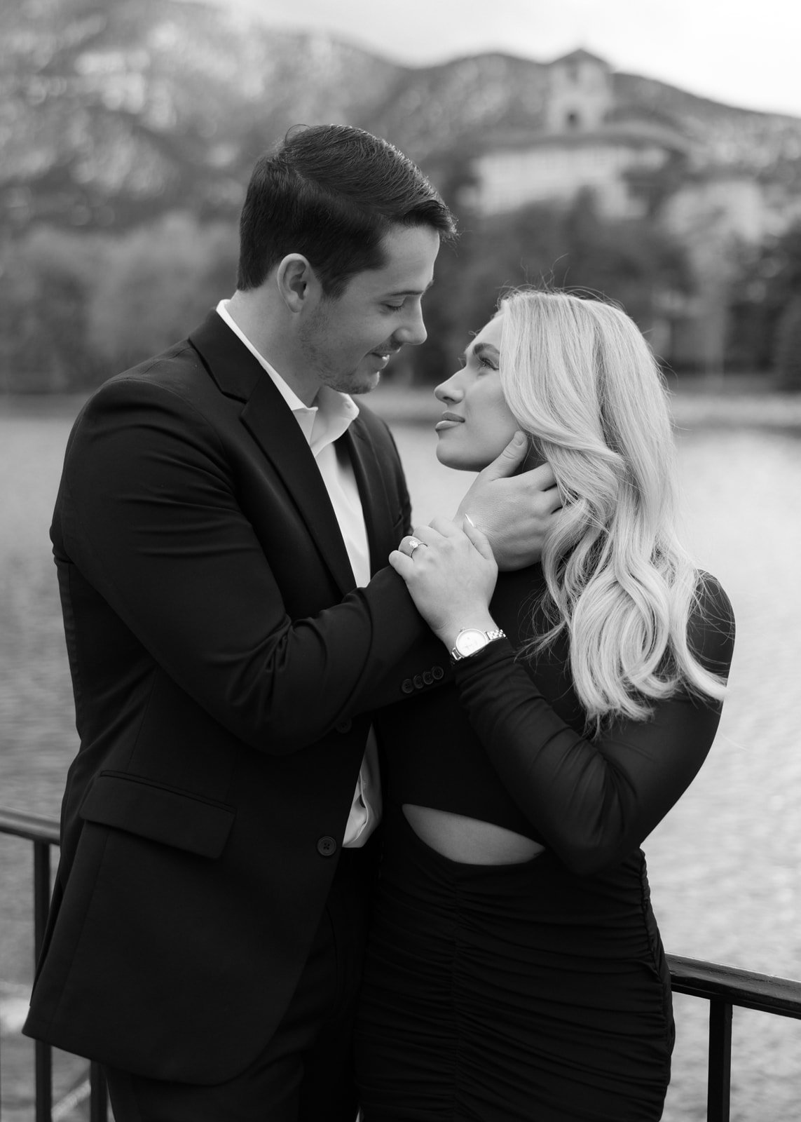 Black and white portrait of couple in love from a Broadmoor fall engagement session rocky mountain bride.