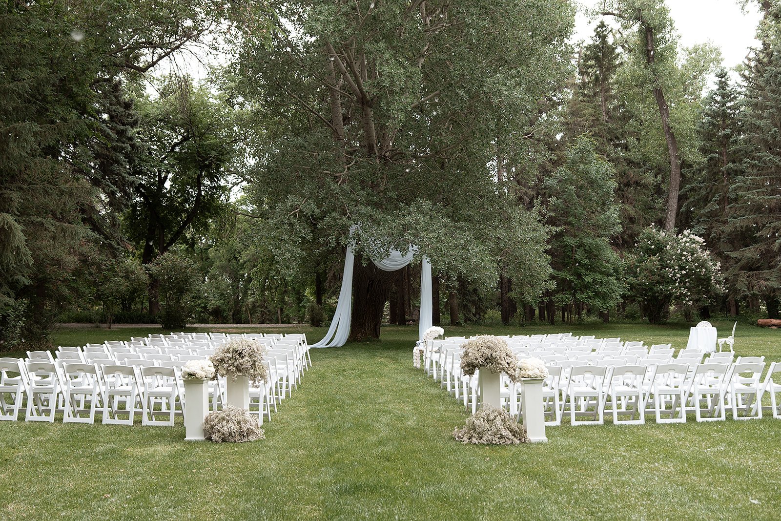 Romantic outdoor ceremony beneath a towering tree with draped fabric and white florals at The Norland Historic Estate spring wedding rocky mountain bride.